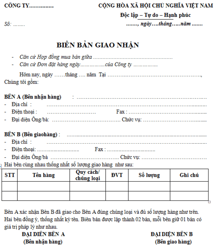 Biên bản giao nhận hàng hóa để kiểm soát đơn hàng gửi đi Lâm Đồng